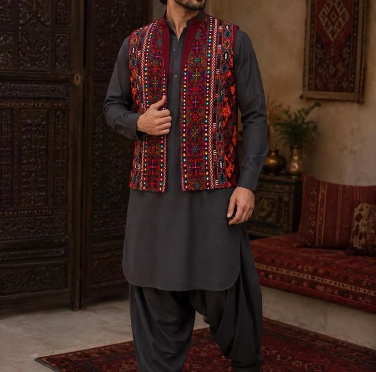 Man wearing a dark grey shalwar kameez with a colorfully embroidered waistcoat