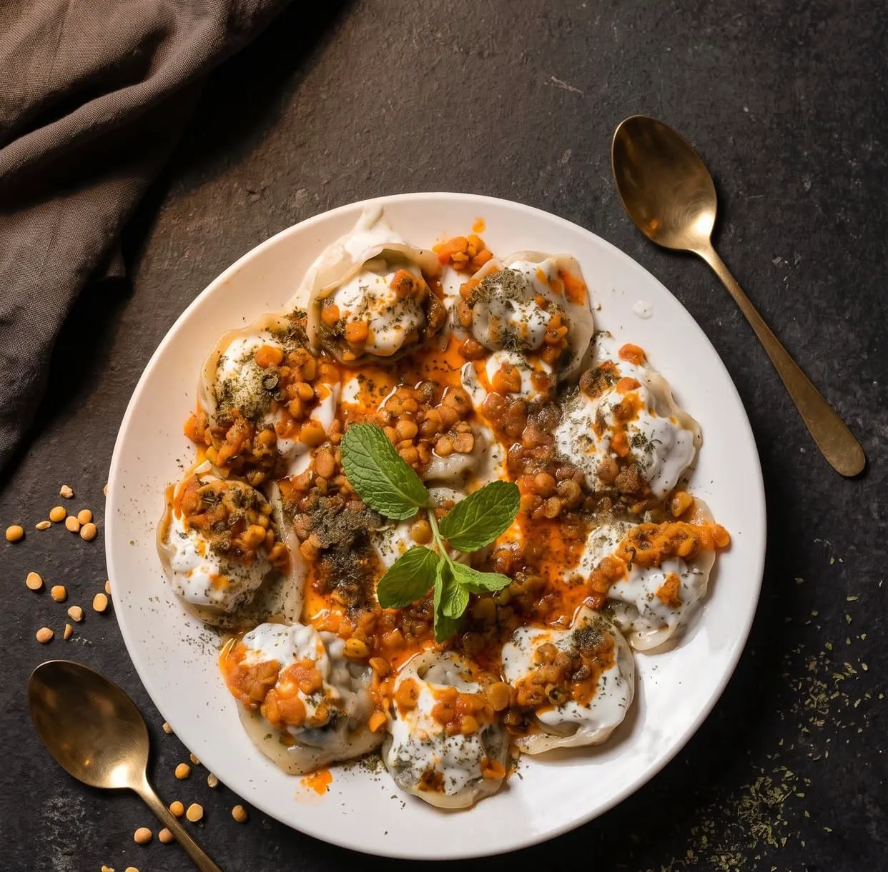 A plate of mantu dumplings topped with yoghurt, a tomato and split-pea sauce, and mint