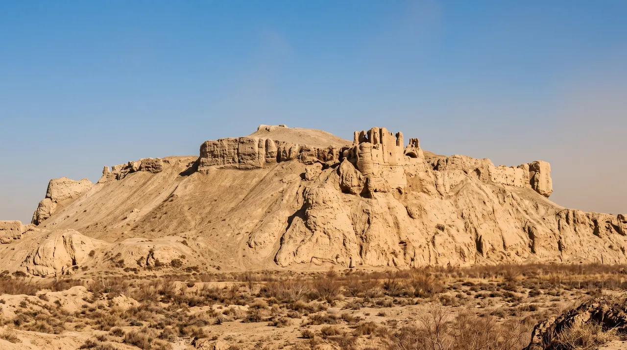 The ruined mud-brick walls of Bost on a hill above scrubby desert under a clear sky