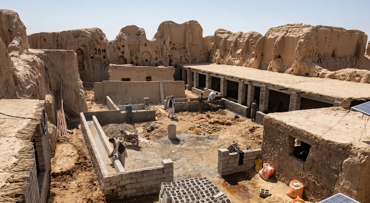 Mud-brick walls and courtyards among the ruins at Lashkari Bazar, with men building a low wall in the foreground