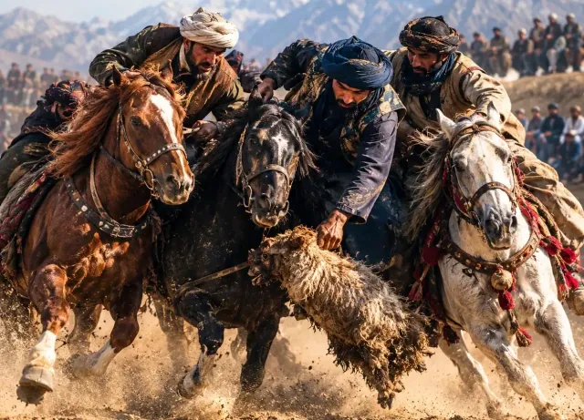 Buzkashi riders on horseback fighting for the goat, with a crowd and snowy mountains behind them