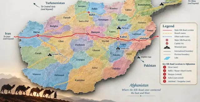 Al Hamid Tour and Travel map of the Silk Road in Afghanistan: the main route from Herat through Bamyan and Kabul to Jalalabad, branch routes to Balkh, and the Wakhan Corridor toward China