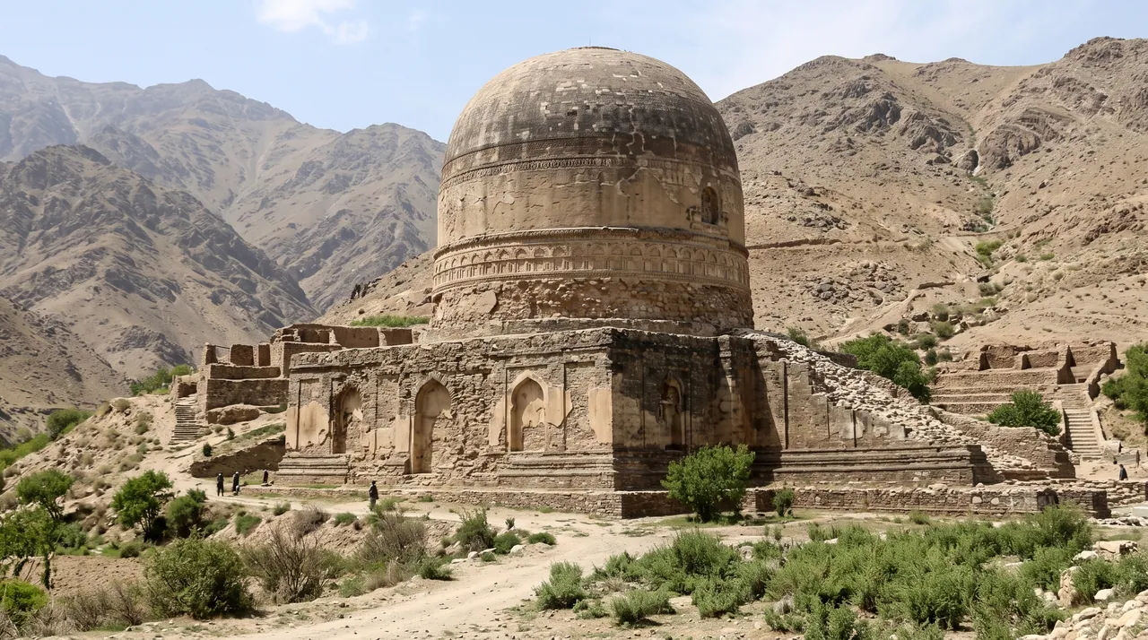 The Topdara stupa, a domed Buddhist monument of stone, seen from a distance among dry mountains