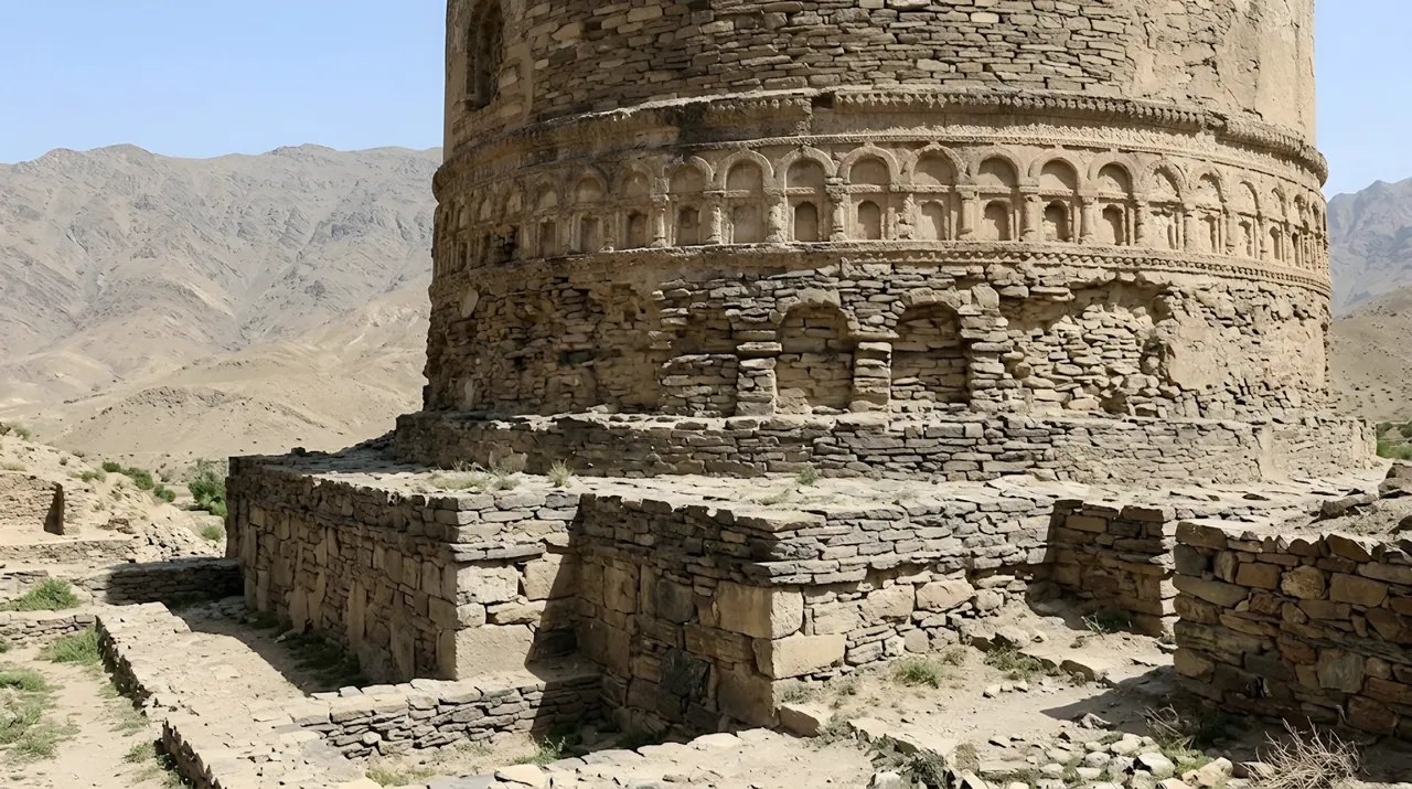 Close view of the layered stone walls of the Topdara stupa, with dry hills behind